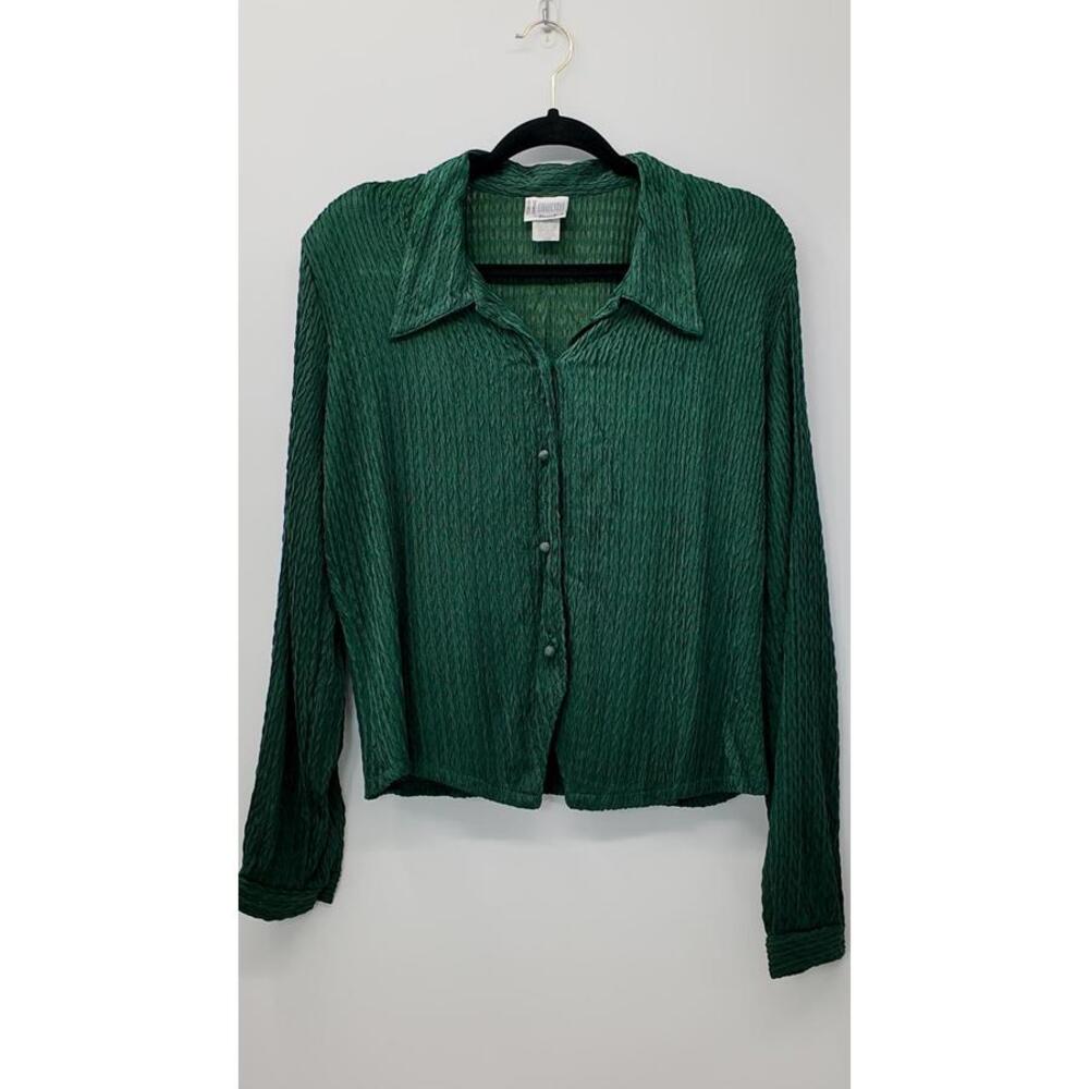 Misook‎ Women's Green Textured Long Sleeve Button-Up Shirt Size M Stretch Fabric